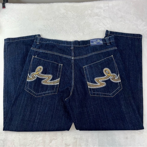 VTG EVOLUTION in Design Jeans Men 40X33 Blue Gold Pocket Embroidery Wide Leg Y2K - Picture 4 of 13